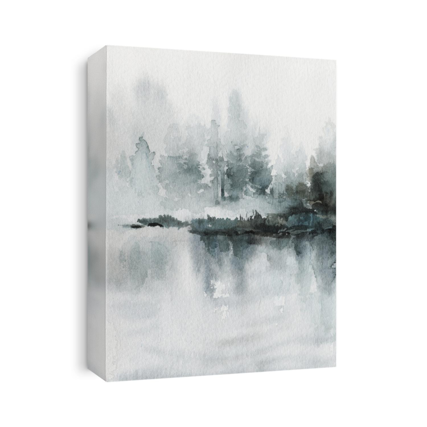 Neo-noir landscape. Blue river / lake / sea / ocean with mountains and forest in fog - hand drawn watercolor painting in minimalist style. Pre-made scene, background.