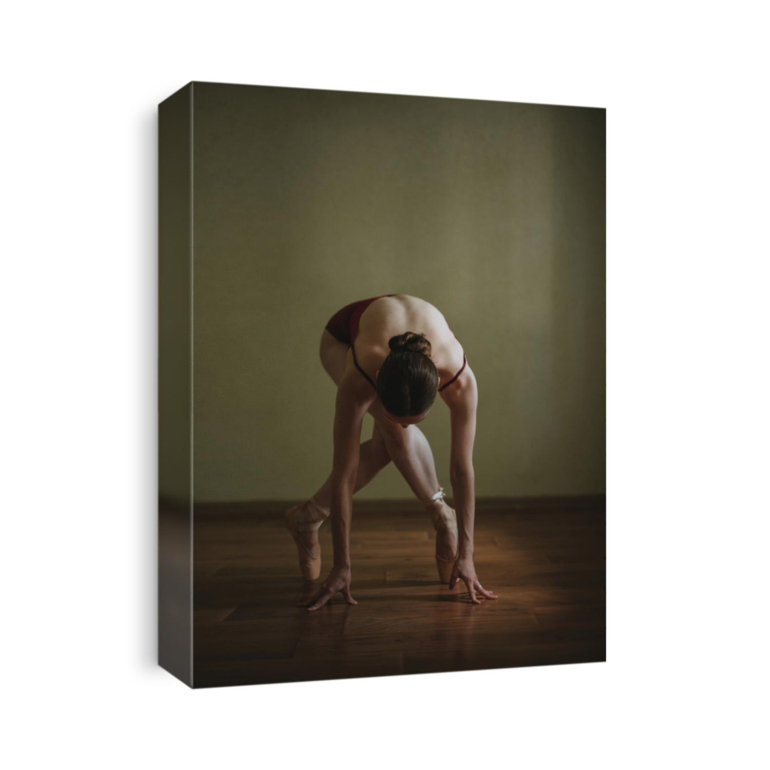Beautiful graceful young ballerina in pointe shoes dancing on the brown wooden floor background. Female stretching indoors toes professional arts. Back of ballet dancer