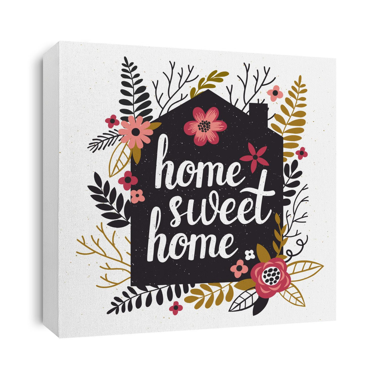 Vector illustration with black house's silhouette, floral elements and hand written text "Home sweet home". Vintage card with flowers and trendy typography.