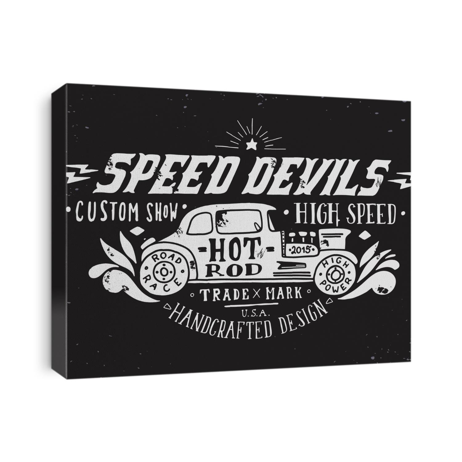 Speed devils. Hand drawn grunge vintage illustration with hand lettering and a old timer car. This illustration can be used as a print on t-shirts and bags, stationary or as a poster.