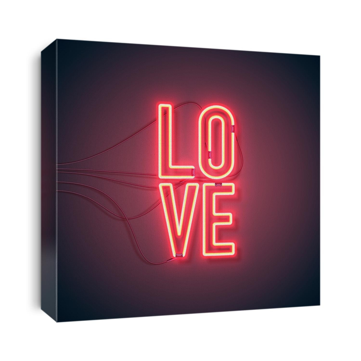 Neon sign. Retro neon Love sign on purple background. Design element for Happy Valentine's Day. Ready for your design, greeting card, banner. Vector illustration.