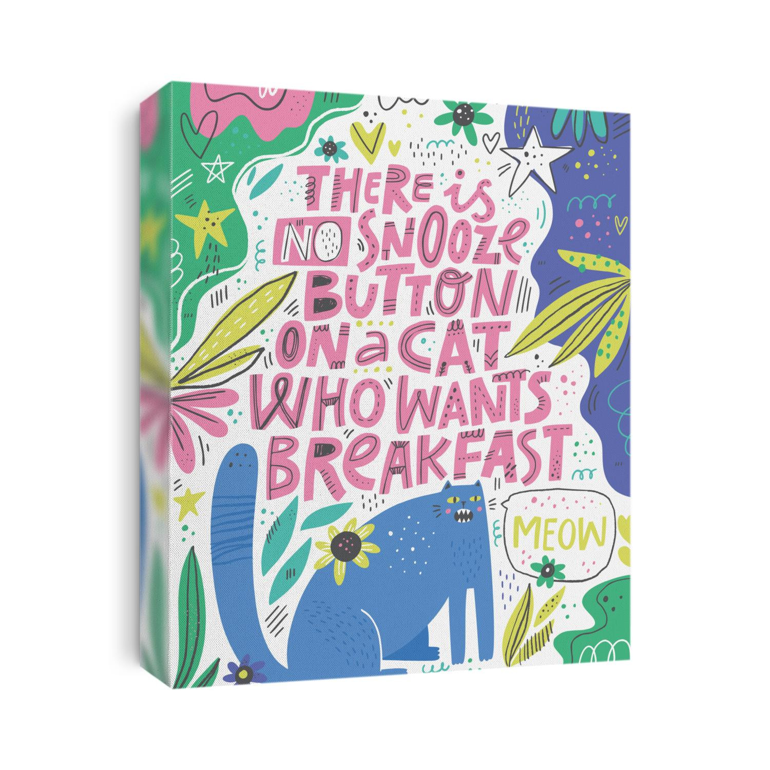 Cat asking, meowing for food flat illustration. There is no snooze button on a cat who wants breakfast pink lettering. Annoying kitten ironic phrase, saying. Pets food ads, vet banner, poster template