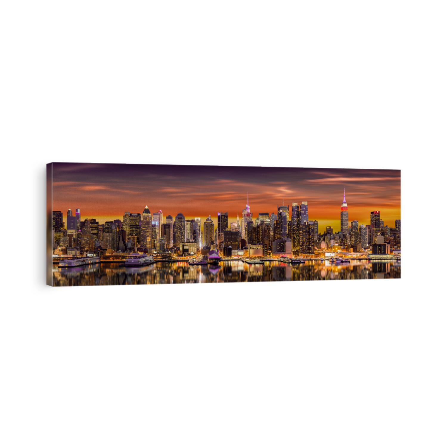 New York City panorama at sunrise with reflections in Hudson River (very detailed 81 megapixel photo)