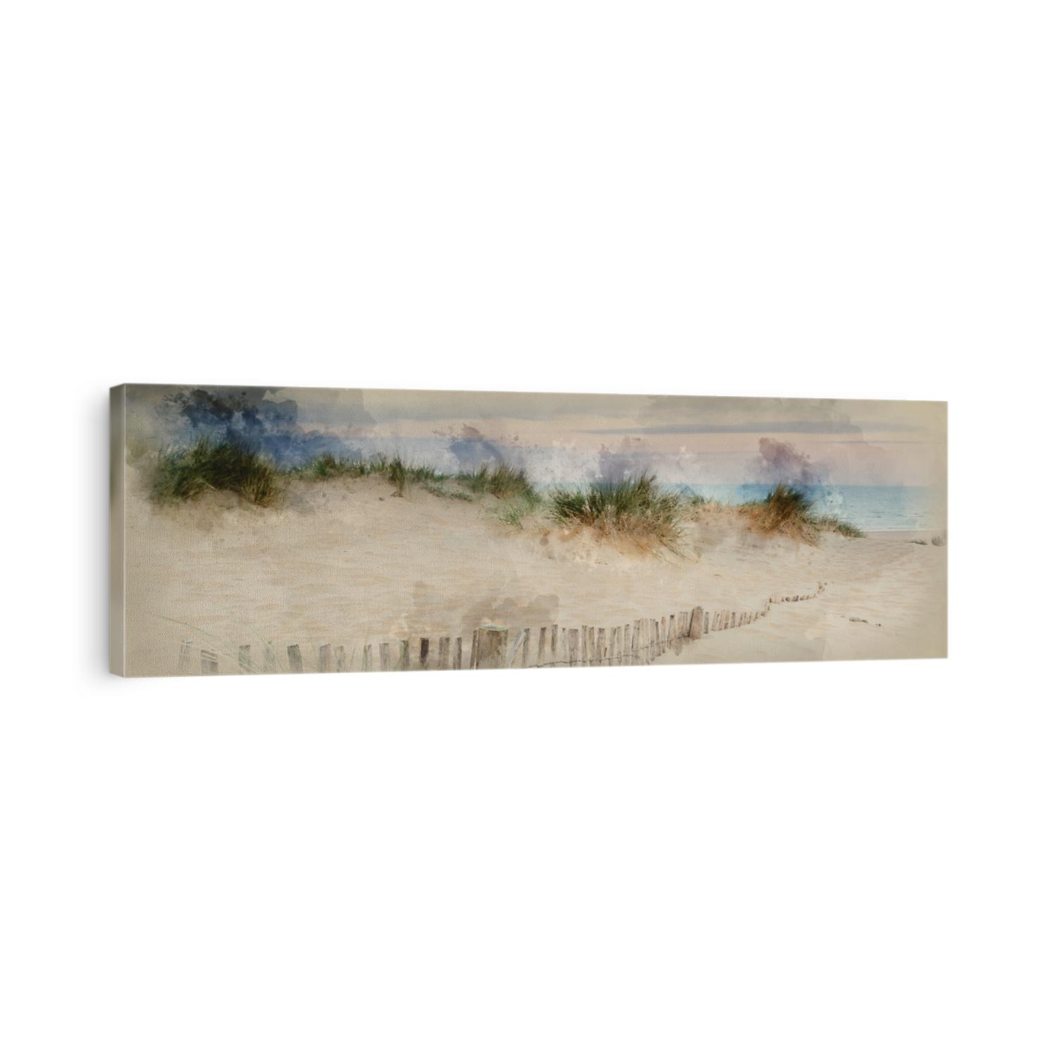 Watercolor painting of Panorama landscape of sand dunes system on beach at sunrise