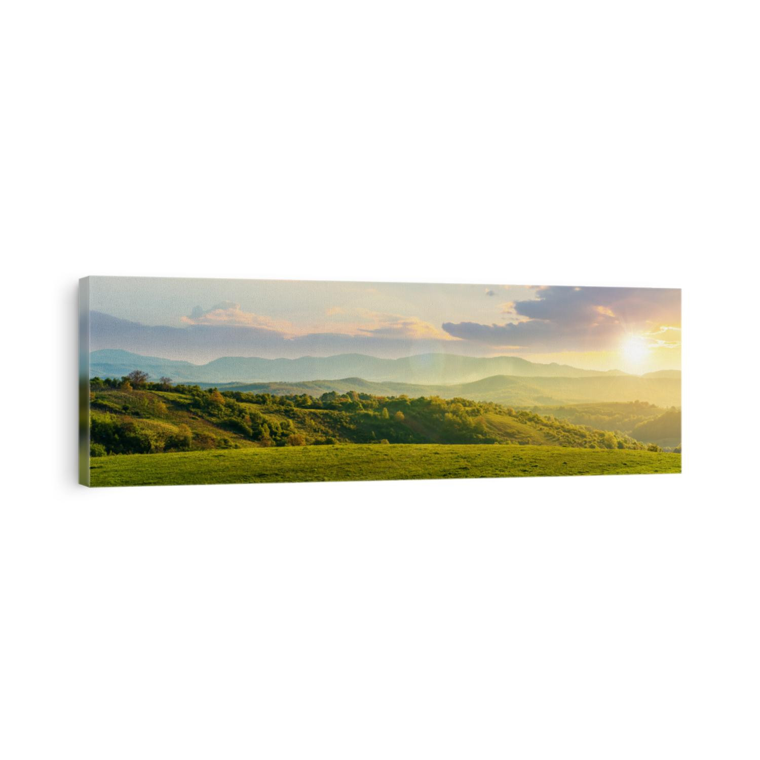 panorama of romania countryside at sunset in evening light. wonderful springtime landscape in mountains. grassy field and rolling hills. rural scenery