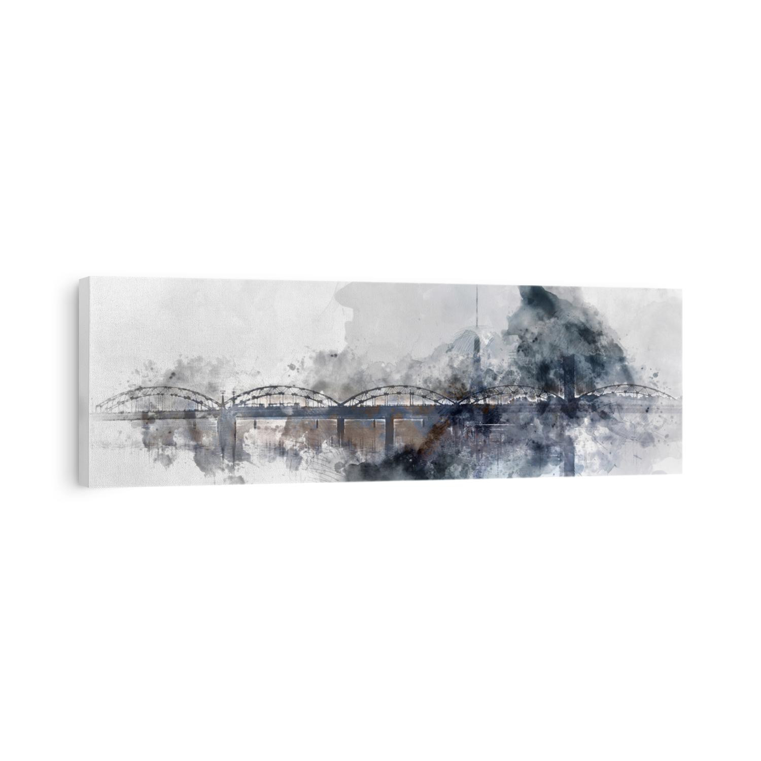 Panoramic image digitally generated image watercolor painting grey white color of Railway bridge over the Daugava river. Riga, Northern Europe, Baltic States, Latvia