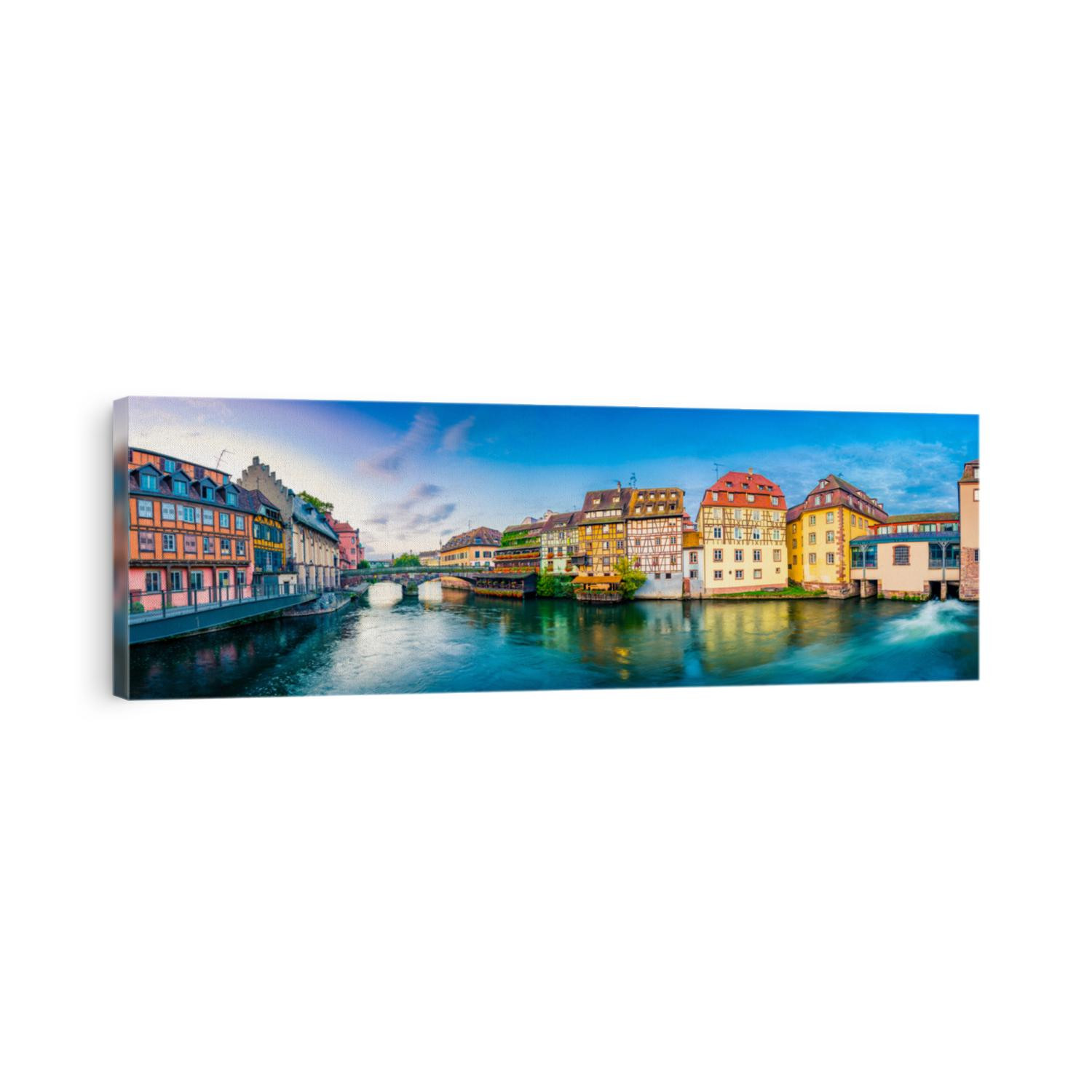 Old town water canal panorama of Strasbourg, Alsace, France. Traditional half timbered houses of Petite France