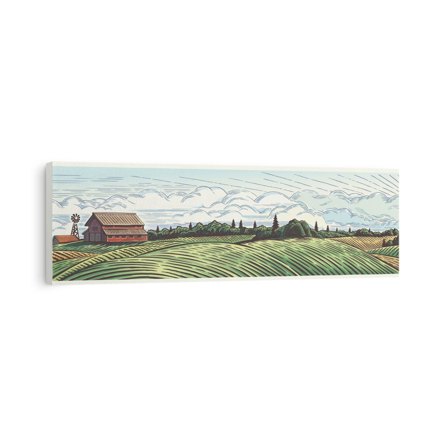 Rural landscape, panoramic format with a farm with and agricultural fields around.