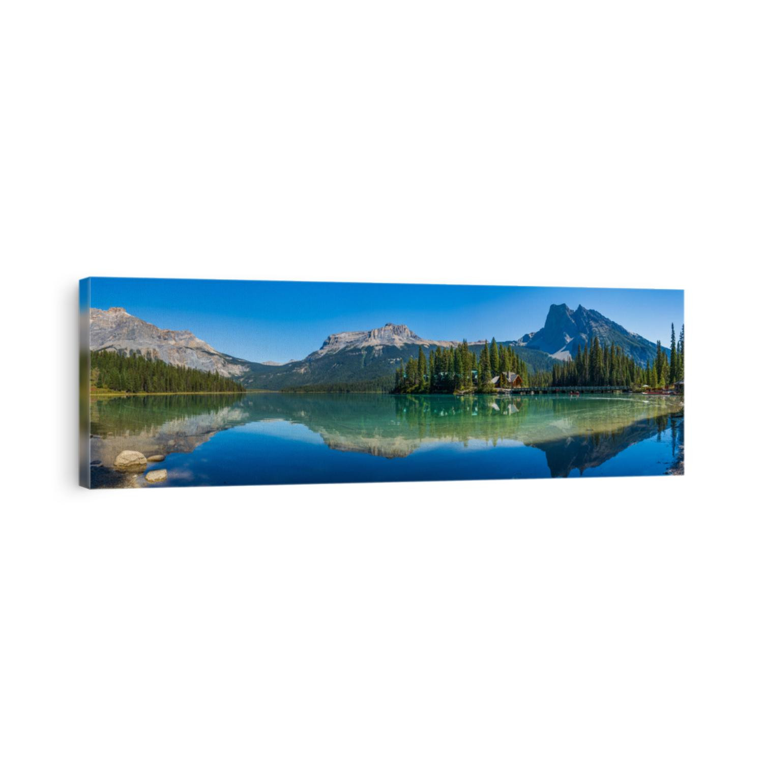 Emerald Lake panorama view in summer sunny day. Michael Peak, Wapta Mountain, and Mount Burgess in the background. Yoho National Park, Canadian Rockies, British Columbia, Canada.