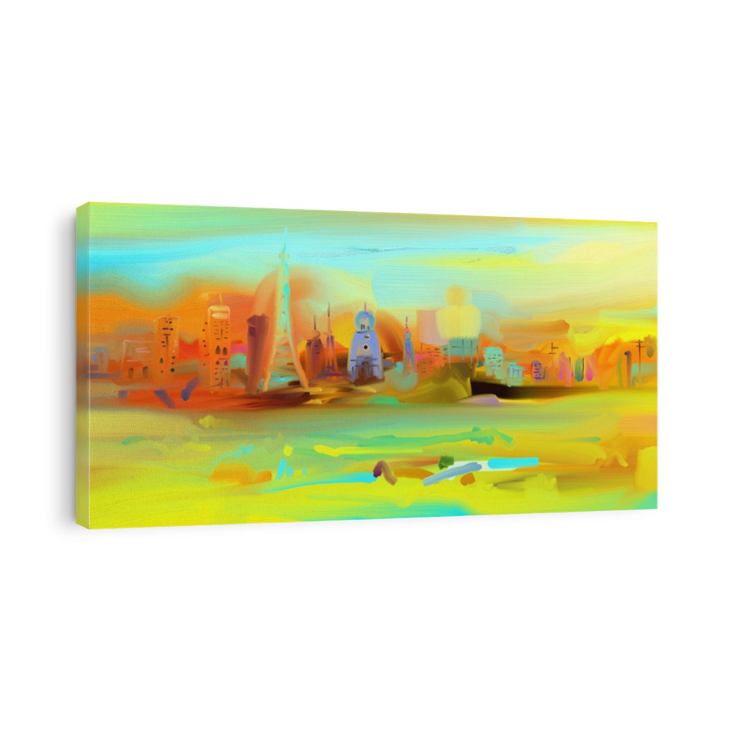 Abstract colorful art oil painting on canvas skyline and village. Brush stroke acrylic painted. Abstract contemporary art for background. Modern art contemporary oil paintings. Hand drawn oil painting