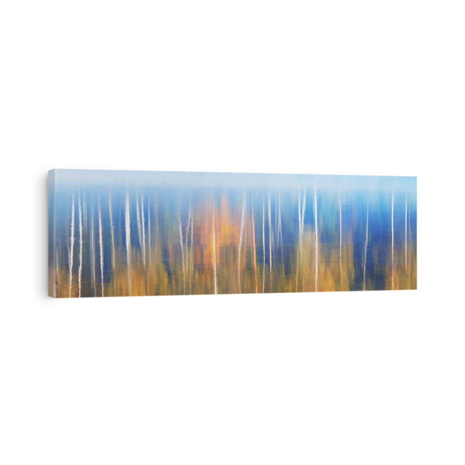 Colorful golden birch trees. Symmetry reflections in a crystal clear blue water of the forest river. Picturesque panoramic scenery. Abstract art, natural pattern, texture, background, aquarelle effect