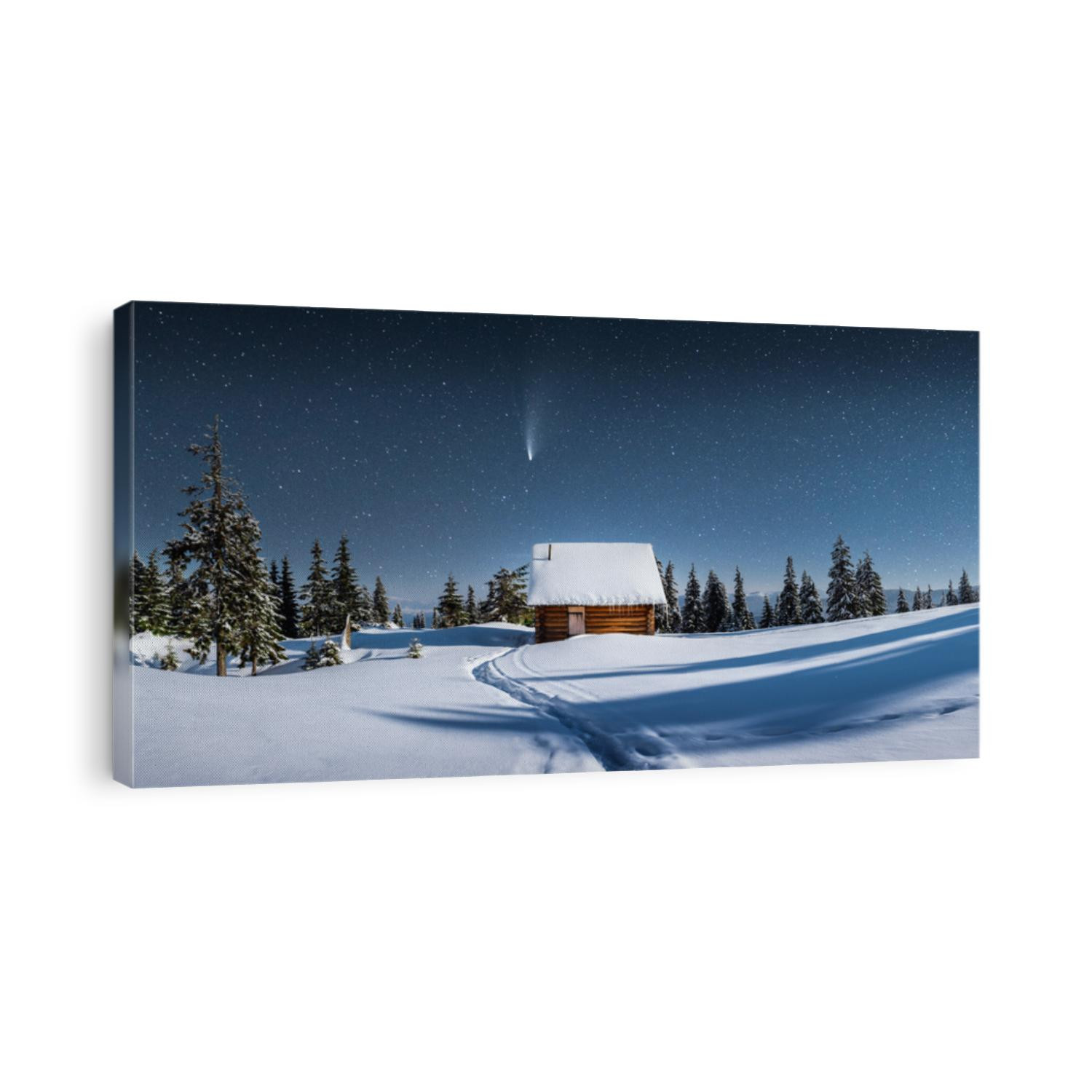 Fantastic winter landscape panorama with wooden house in snowy mountains. Starry sky with Milky Way and snow covered hut. Christmas holiday and winter vacations concept