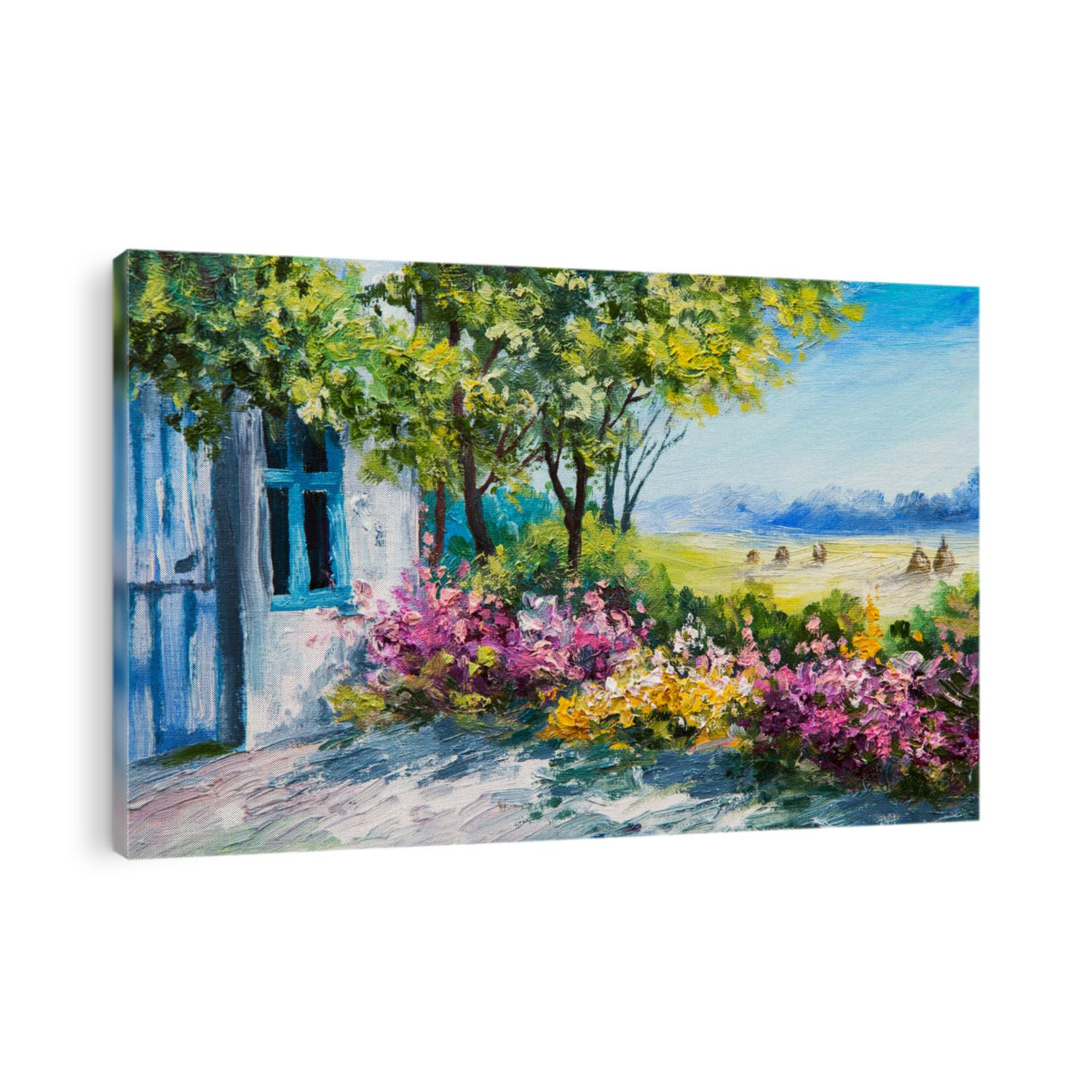 oil painting landscape - garden near the house, colorful flowers, summer forest