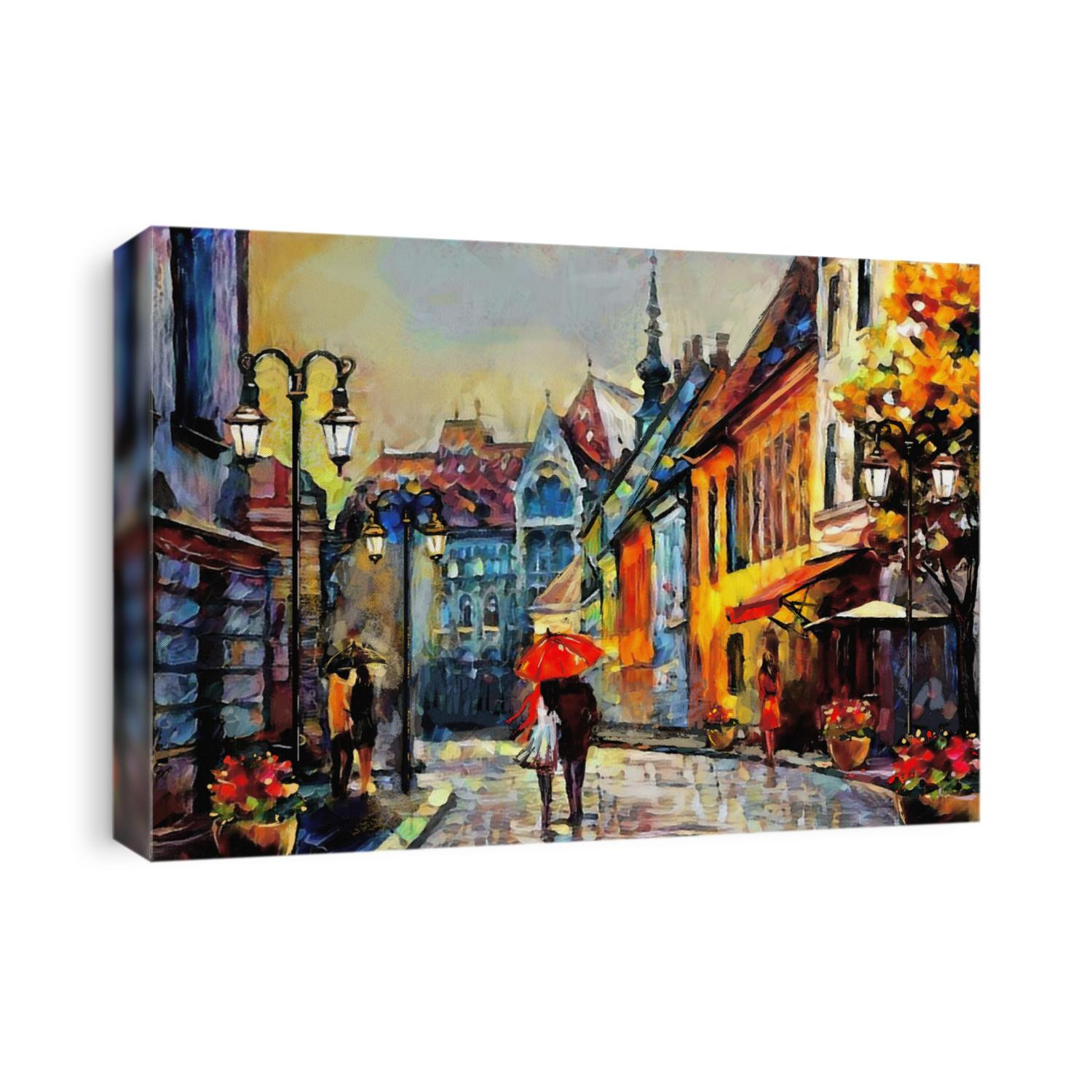 oil painting on canvas european city. Hungary. street view of Budapest. Artwork. people under a red umbrella. Tree.