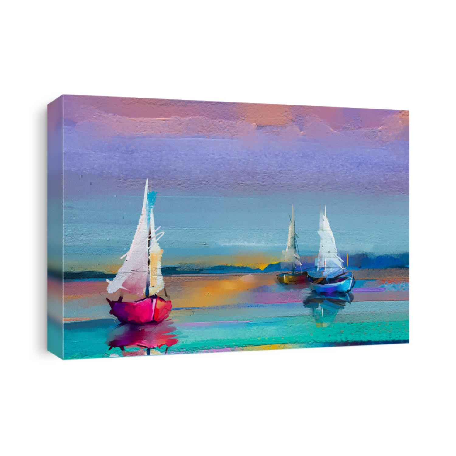 Colorful oil painting on canvas texture. Impressionism image of seascape paintings with sunlight background. Modern art oil paintings with boat, sail on sea. Abstract contemporary art for background