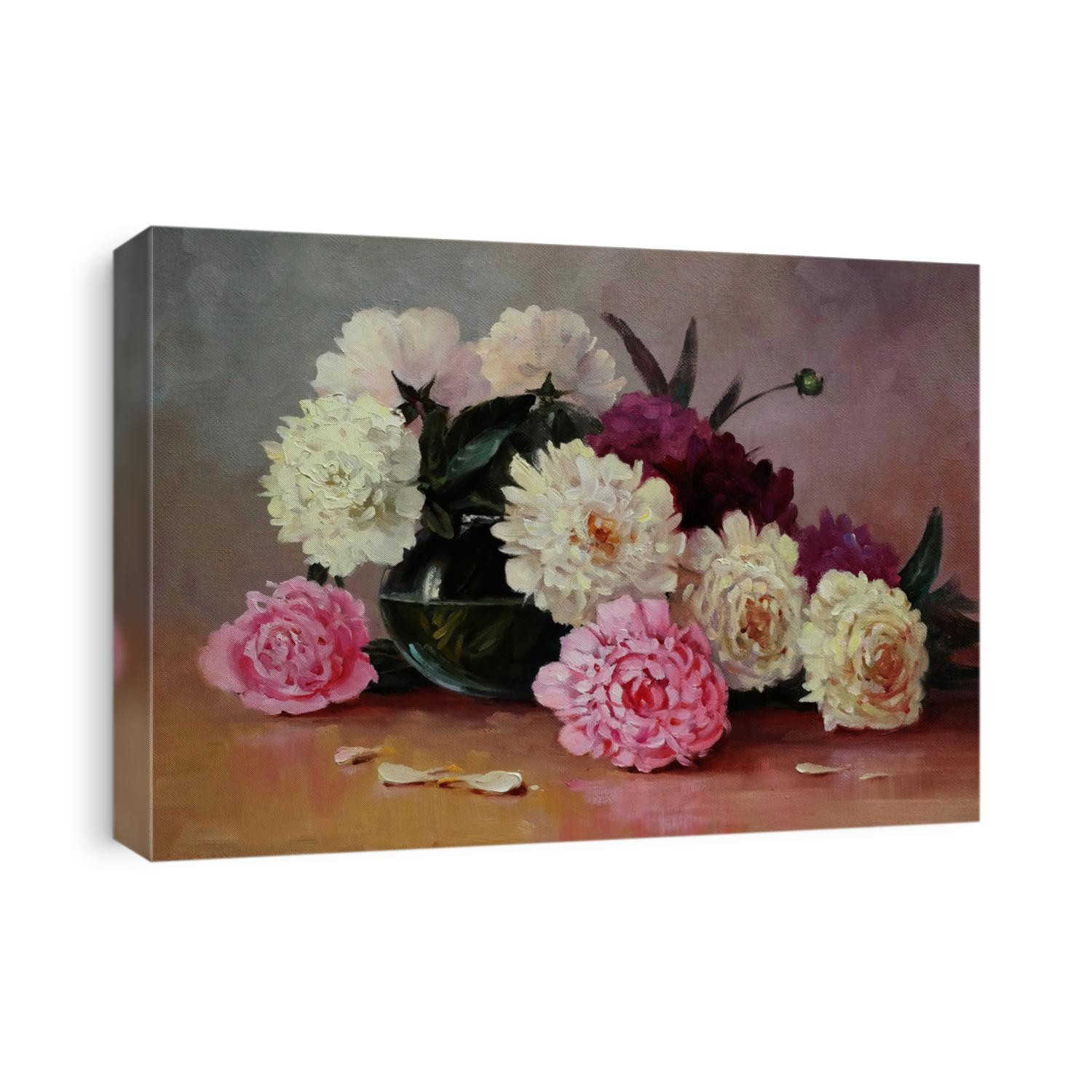 white and pink peonies in a glass vase,oil painting on canvas, fine art, bloom, still life, flowers, bouquet, summer