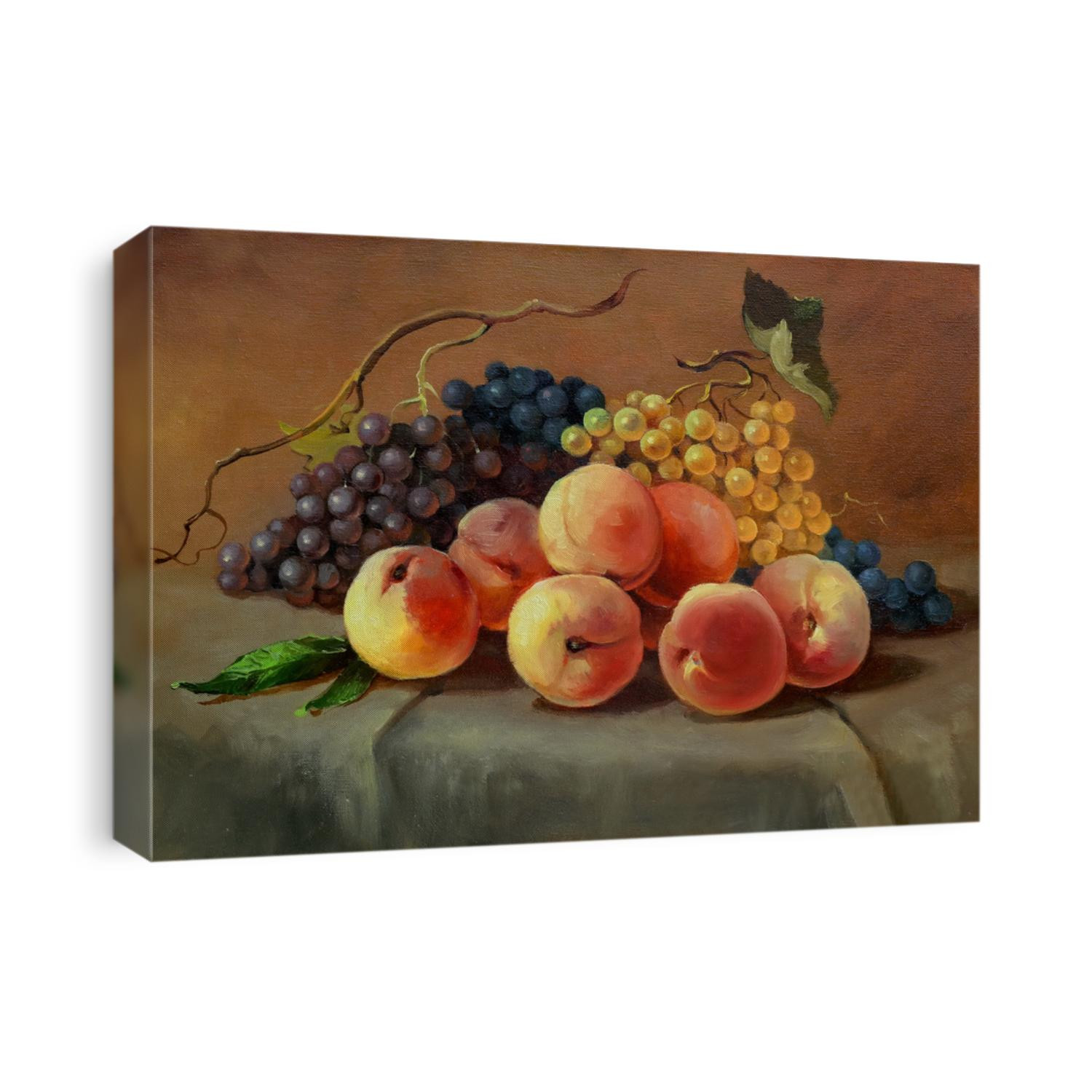 ripe juicy peaches and grapes on the table,handmade painting, oil painting on canvas, fine art, still life, food, vegetarian, dessert, fruit