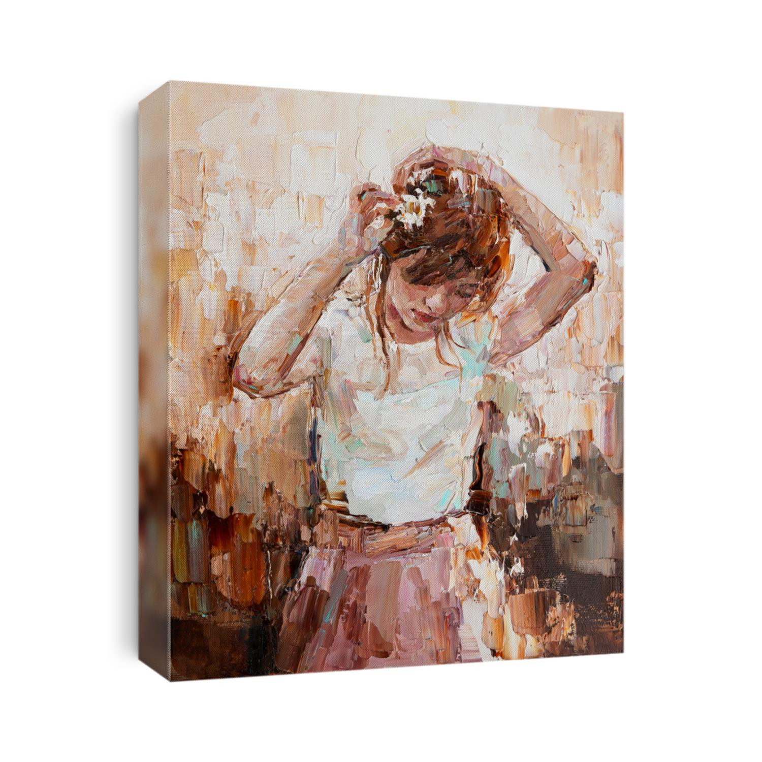 Beautiful pensive young girl with flower in her hair. Created in expressive manner and light colors, palette knife technique of oil painting and brush.