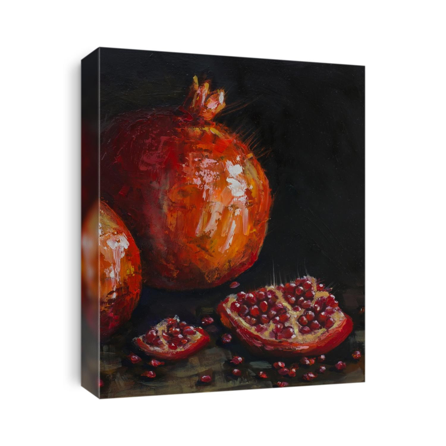 oil painting red pomegranates. Ripe pomegranates on a black background. still life, contemporary art