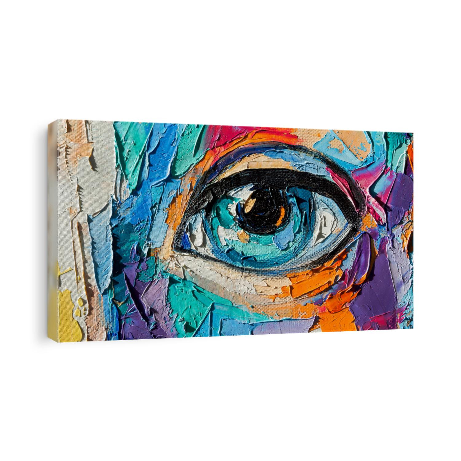 Oil portrait painting in multicolored tones. Abstract picture of a beautiful girl. Conceptual closeup of an oil painting and palette knife on canvas.