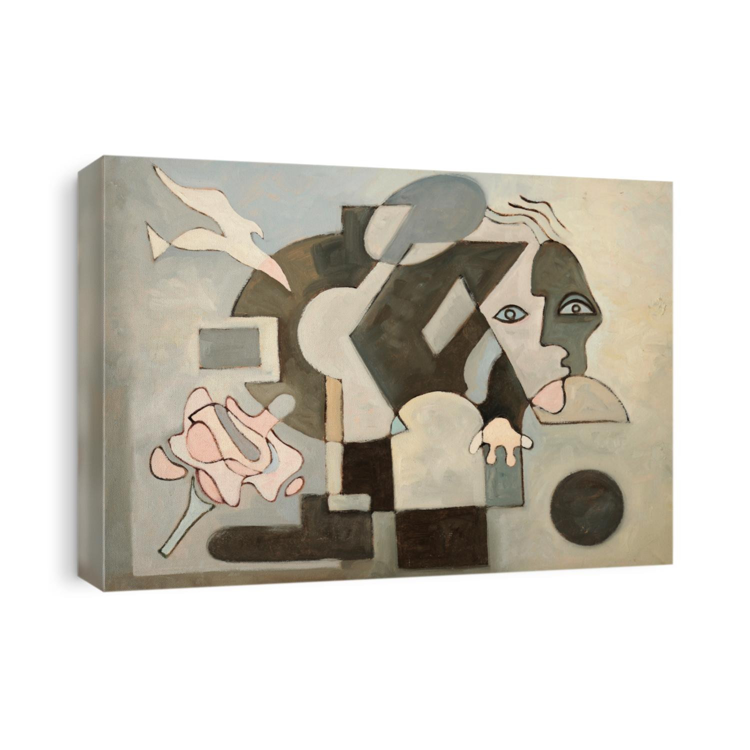 Abstract oil painting with dove; face and geometrical forms