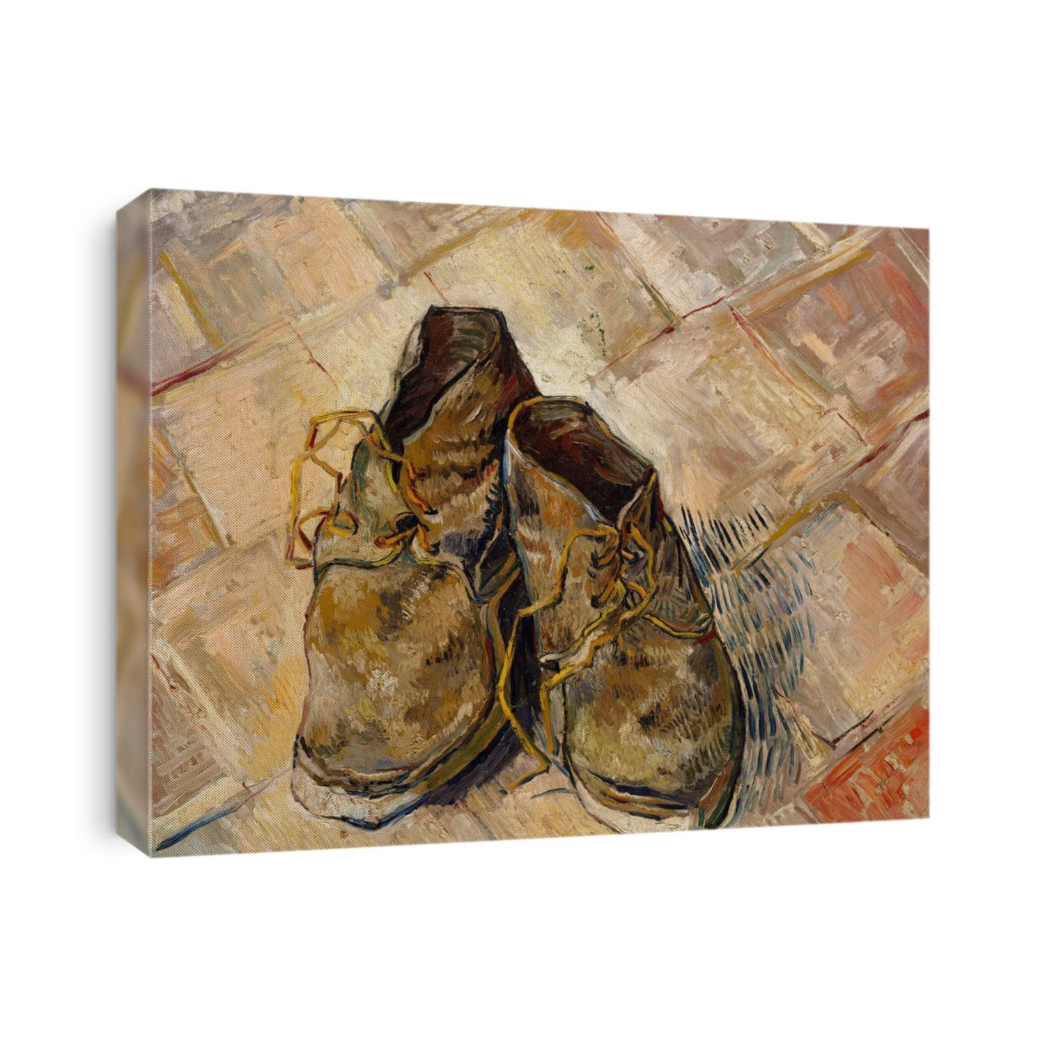 Shoes, by Vincent Van Gogh, 1888, Dutch Post-Impressionist, oil on canvas. These worn shoes were painted on the red-tile floor of the Yellow House, his home and studio in Arles