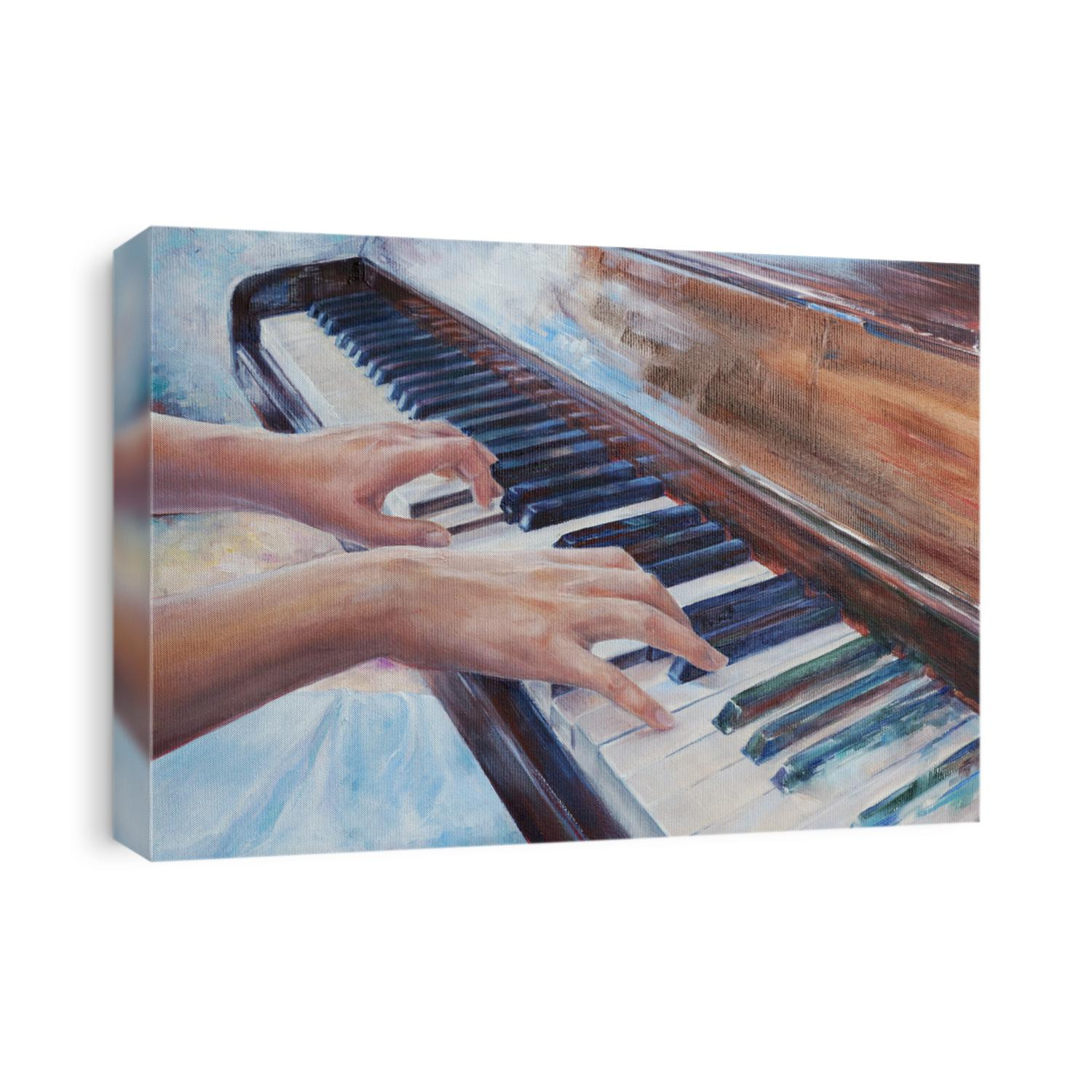 woman playing piano - elegant hands and fingers practicing music at keyboard - oil painting with detailed canvas texture
