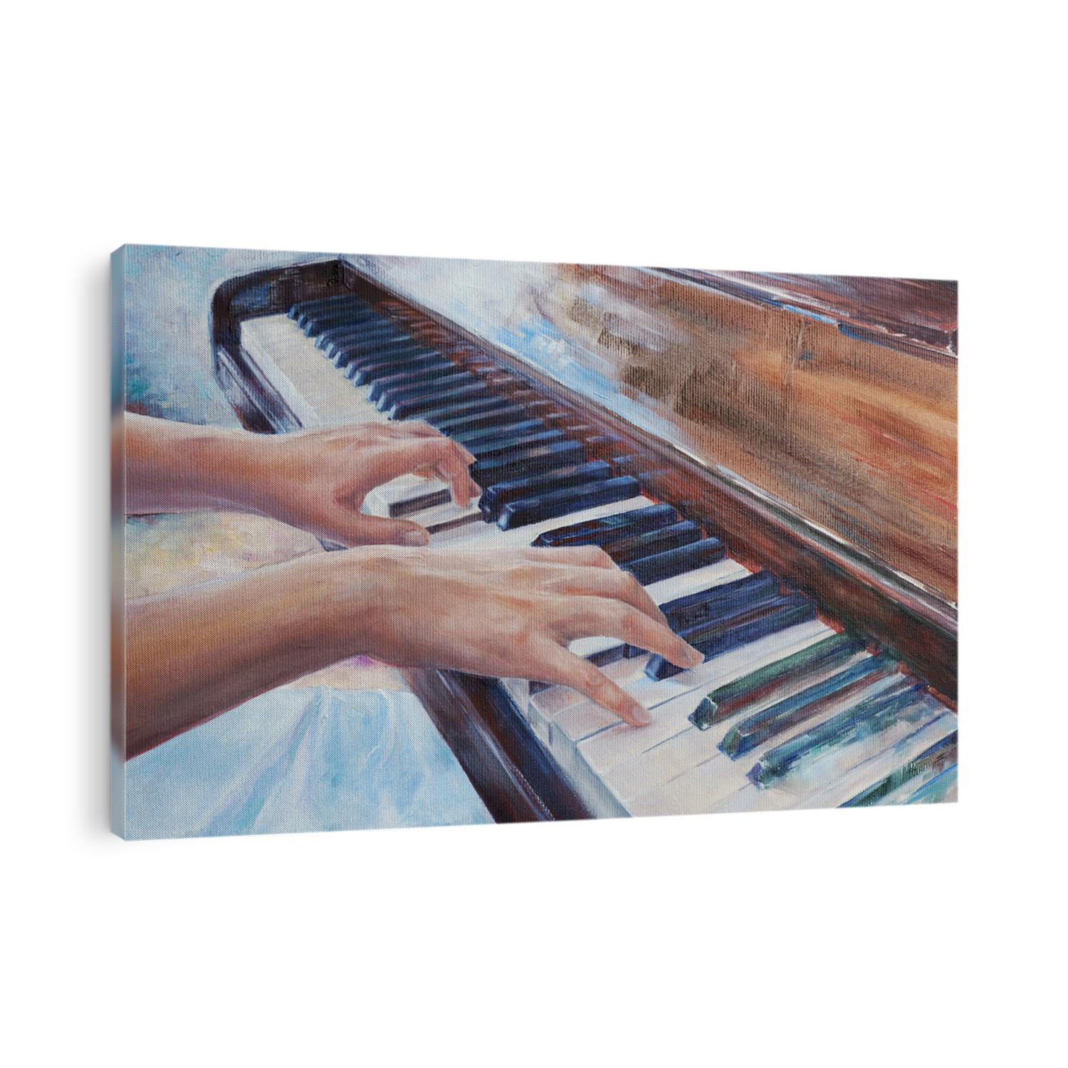 woman playing piano - elegant hands and fingers practicing music at keyboard - oil painting with detailed canvas texture                 