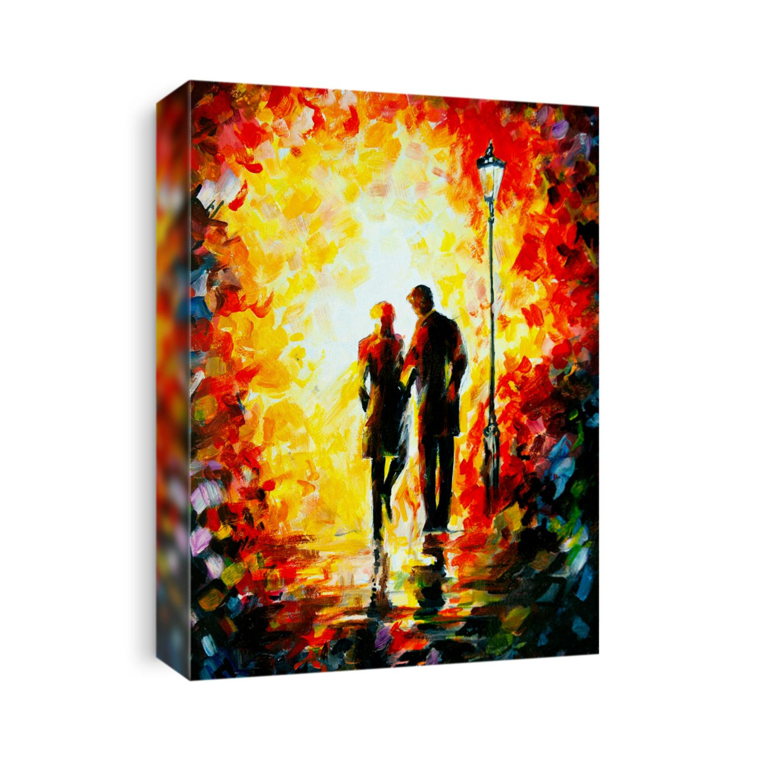 
Lovers walk in the evening park. Light of a lantern. Oil painting