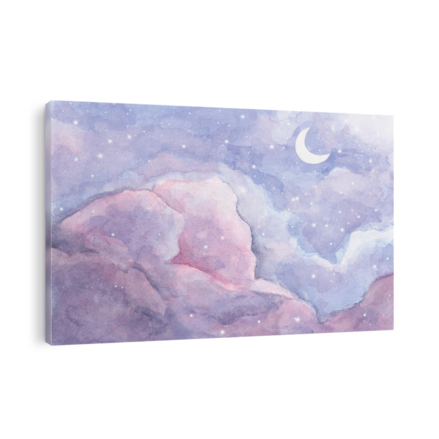 Watercolor painting of Moon and clouds background with soft pastel color. Fantasy magical night sky pastel background with colorful cloudy sky.