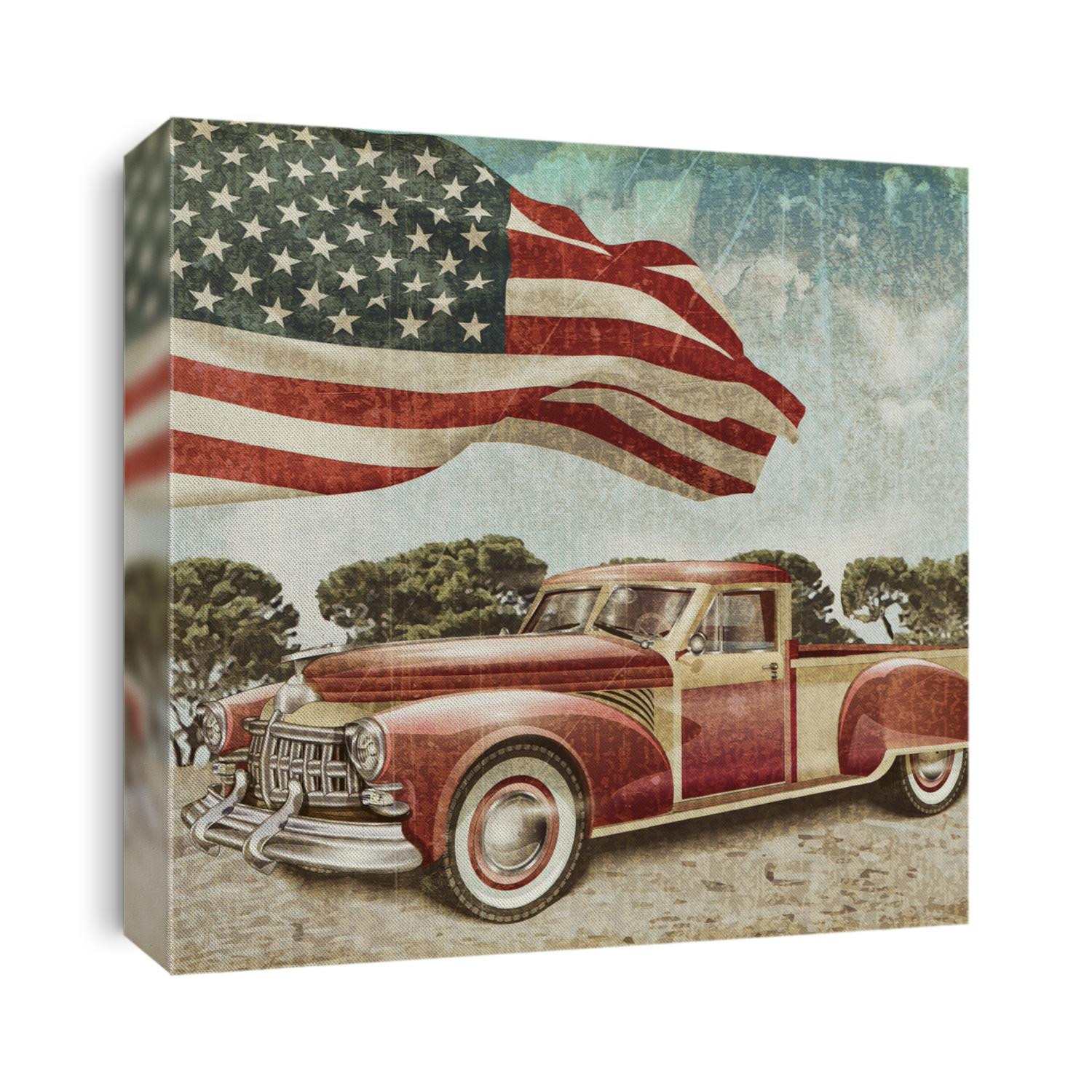 Red vintage pick up truck with American flag.