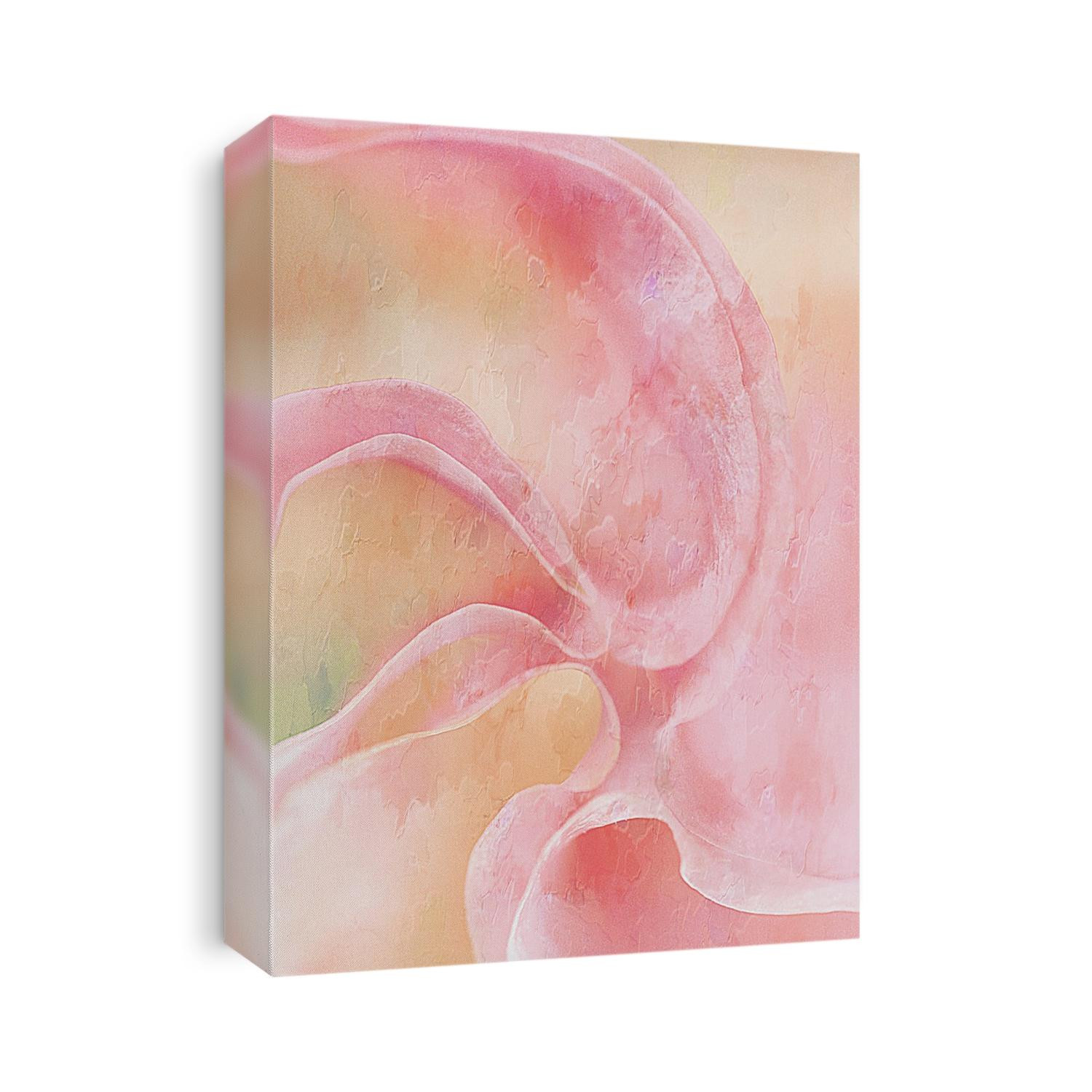 Transform any space with this stunning abstract canvas print that brings artistic sophistication to your walls. The design features flowing watercolor-inspired forms in soft pink and rose tones, creating an organic, painterly composition that adds warmth and visual interest. This versatile artwork complements various interior styles while providing a calming, feminine touch to bedrooms, living spaces, or offices. Choose from four canvas sizes to perfectly fit your space.